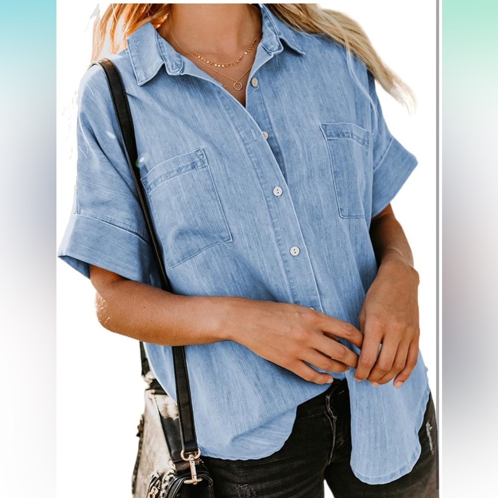 Astylish Womens Button Down Shirts V Neck Loose Casual Shirt
